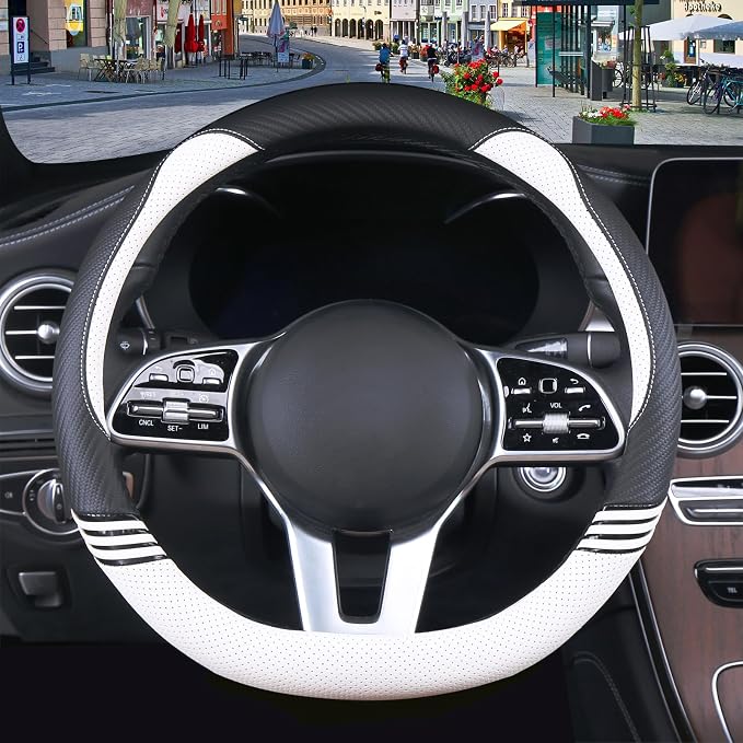 15 inch Cute Leather D Shape Steering Wheel Cover Black White | Breathable Faux Leather and Carbon Fiber Flat Bottom Car Accessories for Women Men Universal 14.5 inch to 15 inch