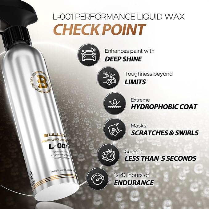 BULLET L-001 SiO2 Ceramic Spray Wax for Cars, Liquid Car Wax with Hydrophobic Paint Protection, Deep Gloss Shine & Slick Finish, Spray-On Wipe-Off Top Coat for Paint, Glass, Wheels & Trim, 10.1 oz