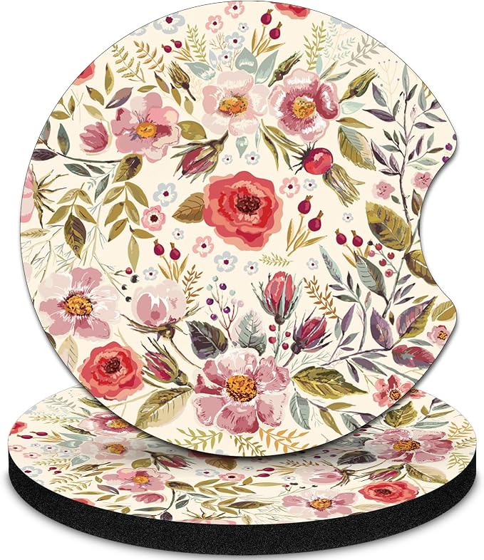 2 Pack Car Coasters，2.75-inch Neoprene Non-Slip Cup Holder Coasters for Car，Cute Car Interior Accessories for Men and Women，Retro Flower