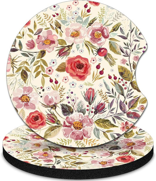 2 Pack Car Coasters，2.75-inch Neoprene Non-Slip Cup Holder Coasters for Car，Cute Car Interior Accessories for Men and Women，Retro Flower