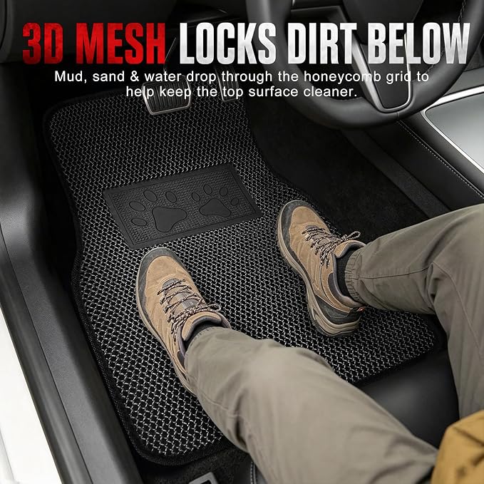 Universal Car Floor Mats, 3D Mesh Fabric All Weather Waterproof Car Floor Liners,With Anti-Slip Granule Backing&Driver Heel Pad,Efficient Dust&Dirt Resistant for Sedan,SUV,Truck,Van,Set of 4pcs