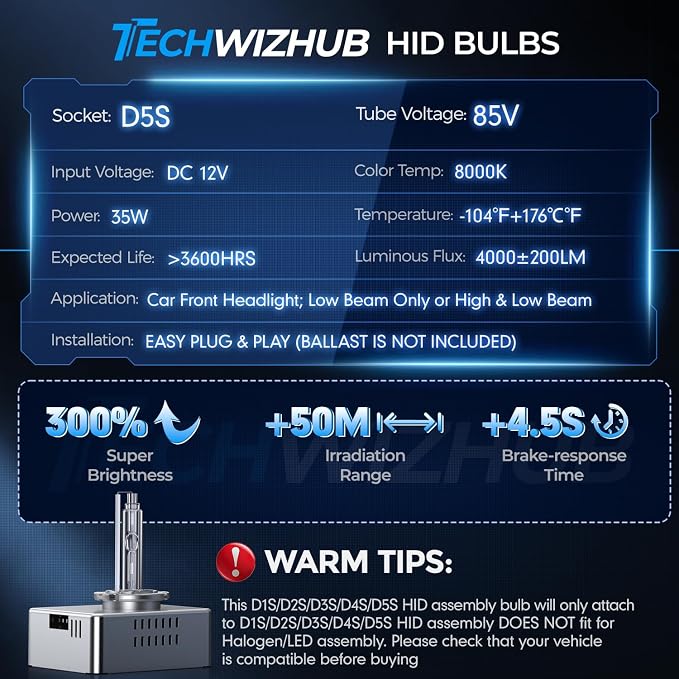 D5S HID Bulbs, 35W Super Brighter HID Headlight Bulb 8000K White Blue Replacement Xenon D5S High Low Beam Bulb w/Integrated Ballast - Pack of 1