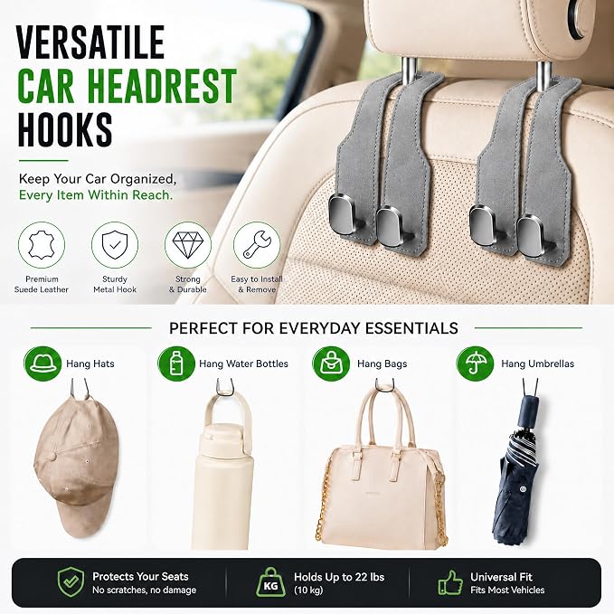 2Pcs Car Headrest Hooks with Premium Leather, Upgraded Double Metal Hooks with Anti-Drop Design, Universal Back Seat Hanger for Bags, Coats, Purses and Groceries (Stylish Gray)