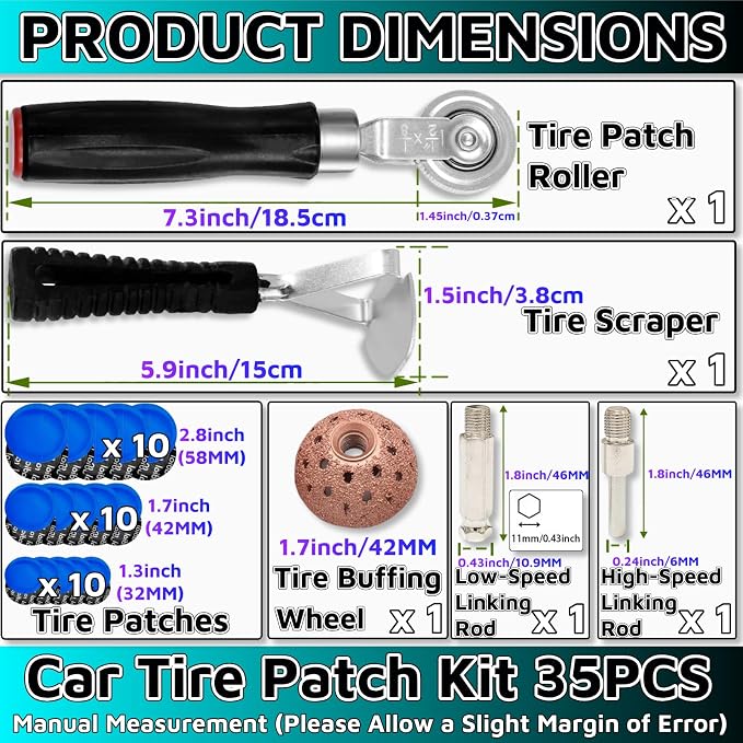 35PCS Flat Tire Repair Kit Car Tire Patch Kit Heavy Duty Tire Repair Tool Car Tire Repair Kit,30pcs Tire Patches 32mm/42mm/58mm with Tire Patch Roller Tire Inner Liner Scraper for Car Motorcycle Bike