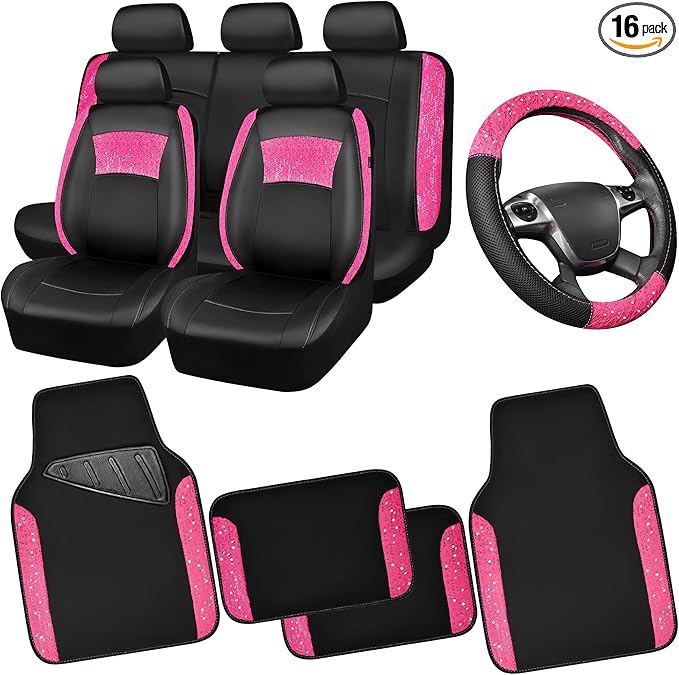 CAR PASS Universal Leather Pink Lace Car Seat Covers Full Set for Women Girls, Waterproof Car Floor Mats Carpet, Steering Wheel Cover for Cars Accessories Interior Sets 10PCS Included