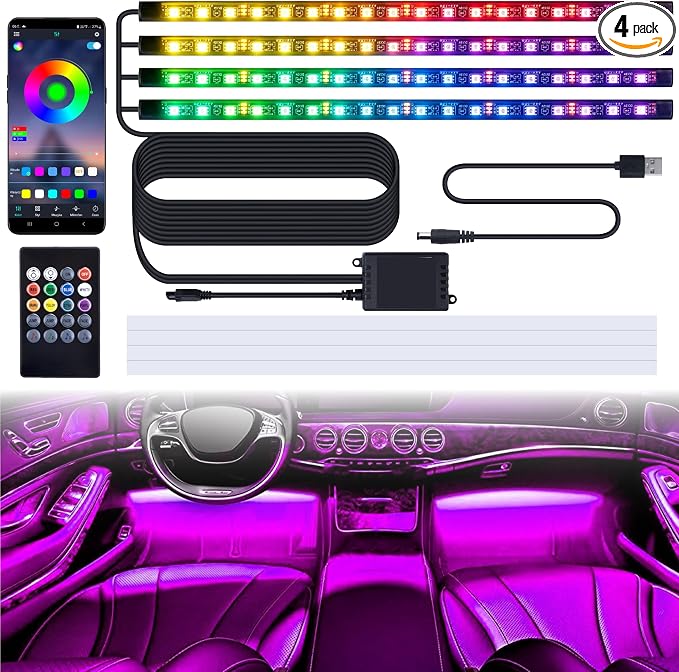 BFXM Car Interior Lights 72 LED Lights Strip with USB Adapter | App & Remote Control Music Sync Color Change, Interior Car Lights for Car Decor, Car Accessories for Women Men