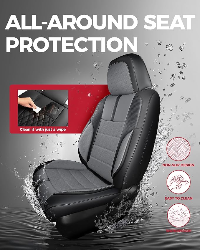 FREESOO Universal Full Seat Covers, Waterproof Faux Leather Automotive Seat Covers with Carbon Fiber Texture Seat Belt Pads, Anti-Slip Airbag Compatible Car Seat Covers for Cars SUVs Trucks