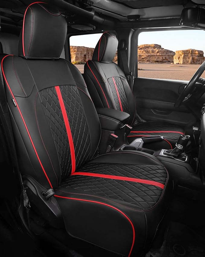 for Jeep Wrangler Seat Covers 4Door JK 2013 2014 2015 2016 2017, Custom Car Seat Cover Full Set, Luxury Leather Seat Protectors, Waterproof SUV Interior Cushions Accessories, Black Red Trim