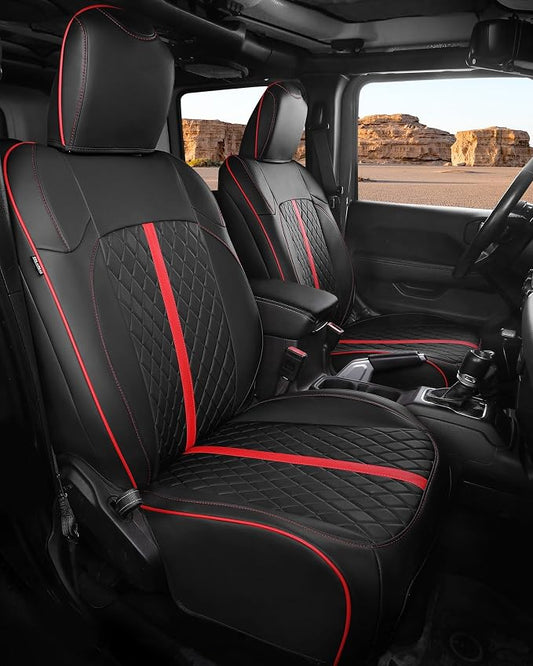 for Jeep Wrangler Seat Covers 4Door JL 2018 2019 2020 2021 2022 2023 2024 2025 2026, Custom Car Seat Cover Full Set, Luxury Waterproof Leather Protectors, Black Red Trim, W/O Rear Cup Holder