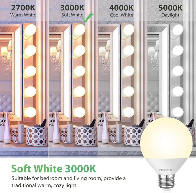 DEGNJU LED Vanity Light Bulbs, 60W Equivalent, Bathroom Light Bulbs 3000K Warm White, 800 Lumens, G25 Globe Bulb for Makeup Mirror, Round Shape, 7W, 120V, Non-Dimmable, 10 Pack