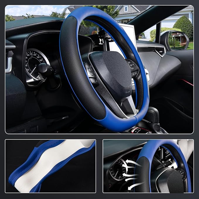 SEG Direct D Shaped Steering Wheel Cover for 14.5-15 inch Flat Bottom Wheels, Breathable Perforated Microfiber Leather, Anti-Slip Grip, Universal Fit for Cars & SUVs, Black and Blue