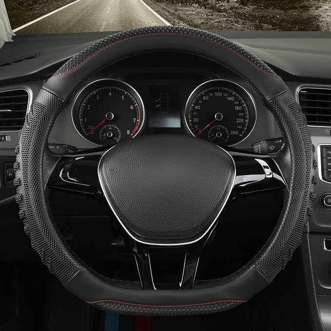 D Shaped Steering Wheel Cover Great Grip with 3D Honeycomb 14 inch | Anti-Slip Silicone Heavy-duty Microfiber Leather Sporty Design, Small 13.5 inch - 14 inch, All Black
