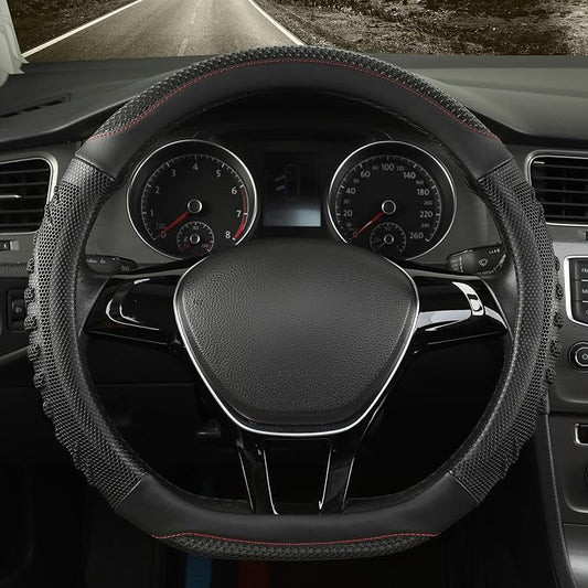 D Shaped Steering Wheel Cover Great Grip with 3D Honeycomb 14 inch | Anti-Slip Silicone Heavy-duty Microfiber Leather Sporty Design, Small 13.5 inch - 14 inch, All Black