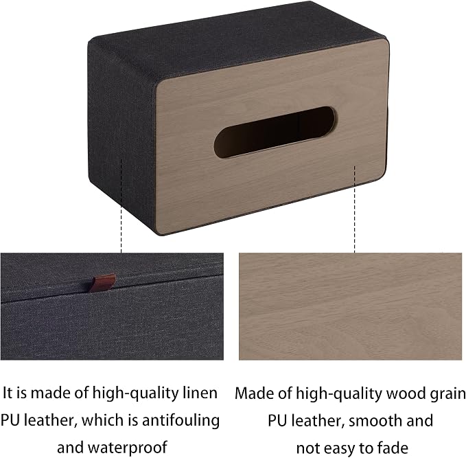 High-end Pu Leather Tissue Box Holder Two Color Combination-Linen and Wood Grain,Rounded Rectangle Napkin Paper Case Dispenser for Home Bathroom Dresser Offices Car Tissue Cover (Black)