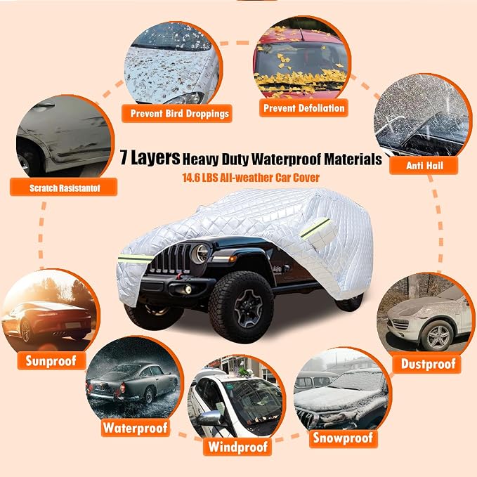 7 Layers Waterproof Heavy Duty Car Covers for Automobiles All Weather Season Anti-Hail UV Protection Snowproof Outdoor 15.4LBS Full Cover Universal Fit SUV 201" to 206"(Silver)