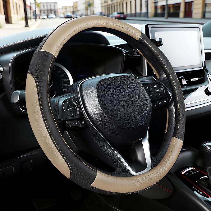 SEG Direct Car Steering Wheel Cover for Prius Civic Model 3 Model Y Camaro, Small Size 14-14.25 inch, Black and Beige Microfiber Leather