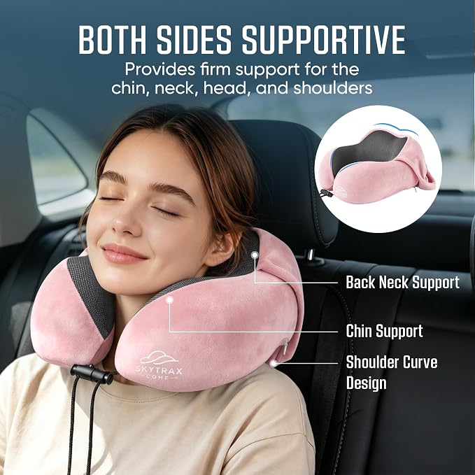 SkytraxComf® Travel Neck Pillow with Hood for Privacy on Long Flights | Memory Foam | Airplane Sleep | Safety-Tested Materials | Extra Large Hood | Chin Support | Earplugs | Washable Cover