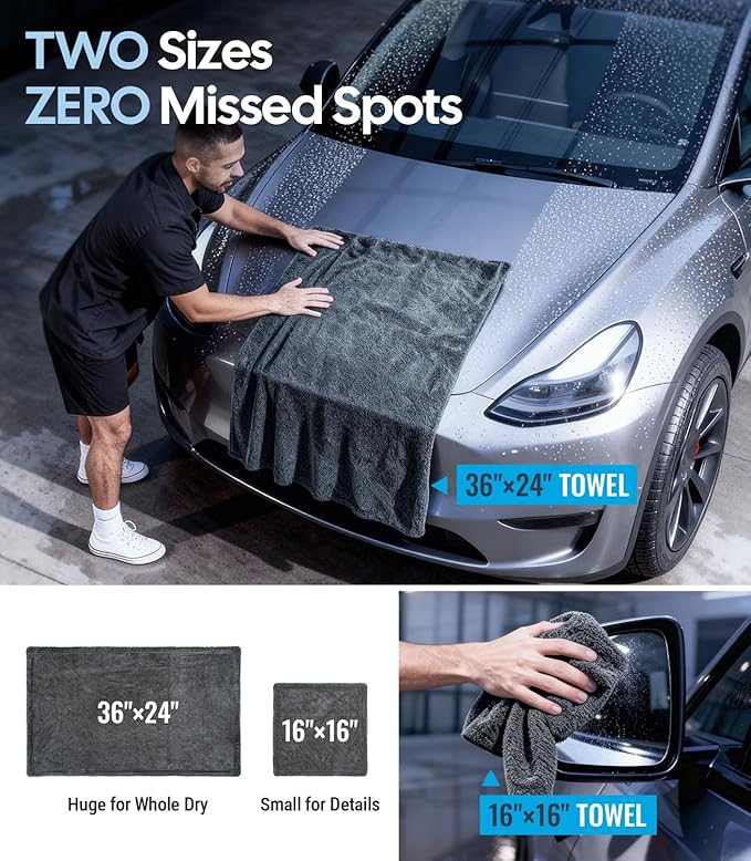 Wigoo Microfiber Car Drying Towel for Detailing, Cars, SUV, Truck (2 Sizes) | 1300 GSM, 36" x 24", Ultra-Absorbent, Streak-Free, Dual-Sided Edgeless Cleaning Towels with Twisted Loop