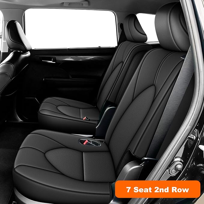 AOMSAZTO Seat Covers for Toyota Highlander 2020-2026 Full Set 3 Row 7 Seats | Custom Fit for Highlander W/Second Row Captain Chair, Full Coverage Faux Leather Car Seat Protector Compatible Airbag Black