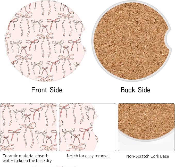 Cute Bowknot Car Coasters,Absorbent 2 Pack for Cup Holders with Finger Notch,2.56 inches Ceramics Heat Resistant Anti Slip Cork Base Car Drinks Coasters Auto Cup Holder