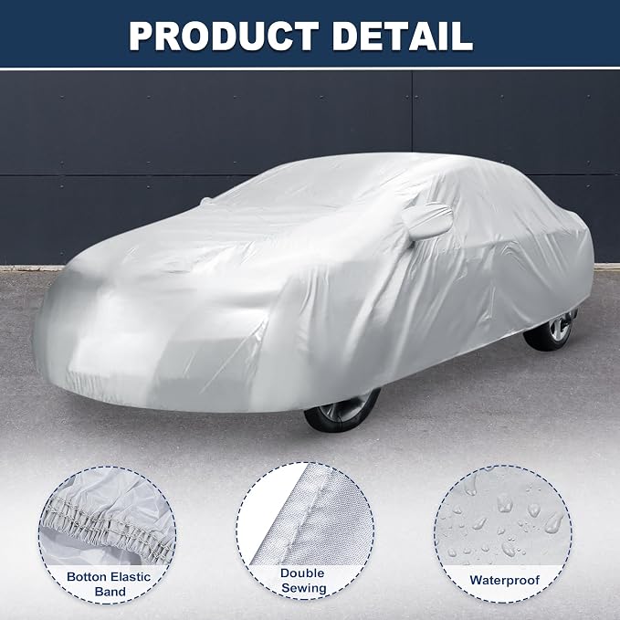 ACROPIX 180T Gray Car Cover Waterproof All Weather Full Exterior Cover Rain Hail Sun Protector Car Cover Fit for Sedan Length 177-183 Inch - Pack of 1