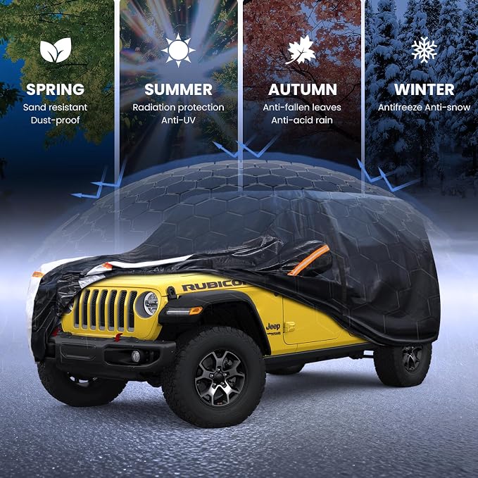 Multi-Layer Car Cover Custom Fit for Jeep Wrangler 2 Door CJ YJ JK JL(1987-2026), 100% Waterproof All Weather for Automobiles, Gift with Towel, Heavy Duty Car Covers for Rain Sun UV Protection.