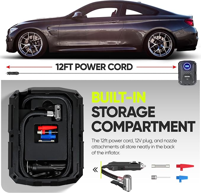 FORTEM Tire Inflator Portable Air Compressor, Air Pump for Car Tires and Bikes, Car Tire Pump w/Auto Shut Off, 150 PSI, 12V DC, LED Light, Carrying Case, Perfect For Men, Women