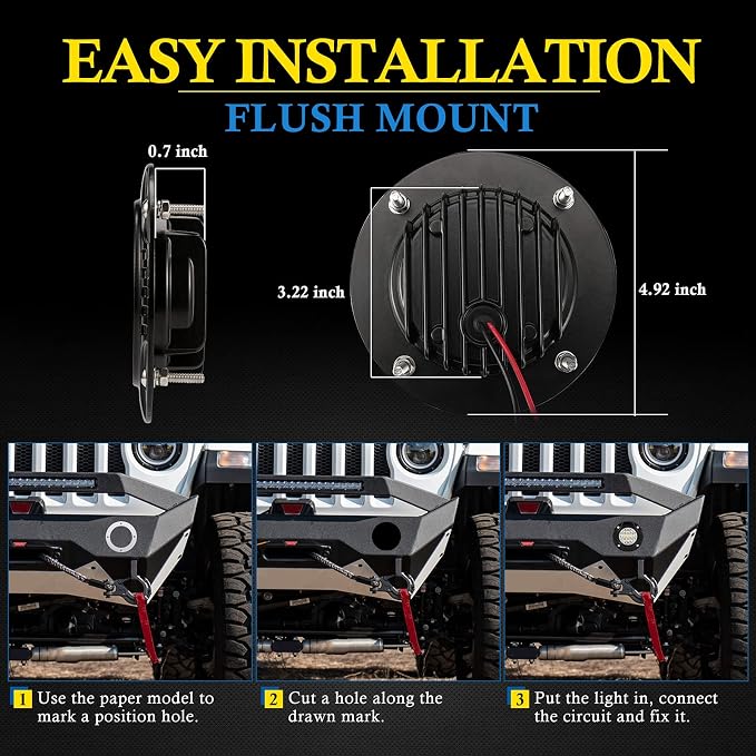 BUNKER INDUST Flush Mount LED Light Pods 5 Inch LED Work Light Bar Pair 48W Driving Bumper Lights Flood Spot Combo Off Road Fog Lights Waterproof for Tractor Truck ATV UTV Golf Cart