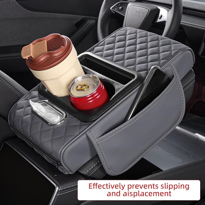 5 in 1 Nappa Leather Console Armrest Cover, Gray | Built-in cup holder, tissue slot, phone holder & 2 storage pockets, practical car accessories fit SUV sedan truck