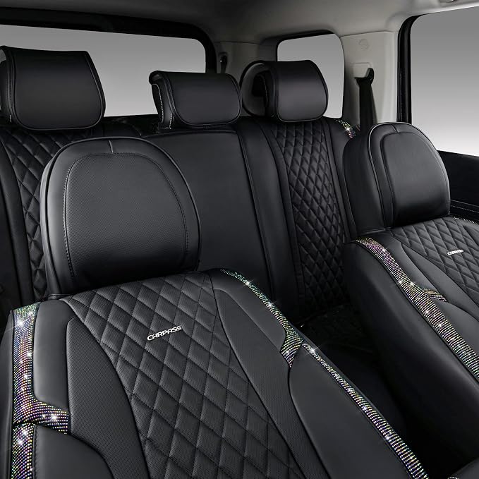CAR PASS Iridescent Diamond &NAPPA Calfskin Leather Cushioned,Bling Seat Covers,Waterproof Heavy-Duty Anti-Slip,Universal Fit for Auto SUV Sedan,Sparkly Glitter Shining Rhinestone Full Set, Multicolor