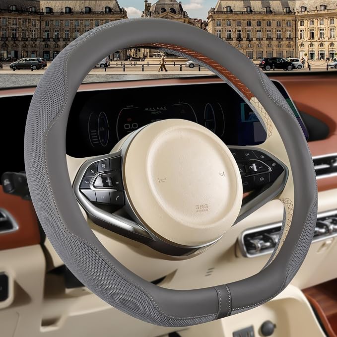 Nappa Leather Grey D Shaped Steering Wheel Cover 15 inch | Non-Slip Breathable Microfiber Leather Ice Silk Fabric, Warm in Winter and Cool in Summer Universal 14.5 inch to 15 inch