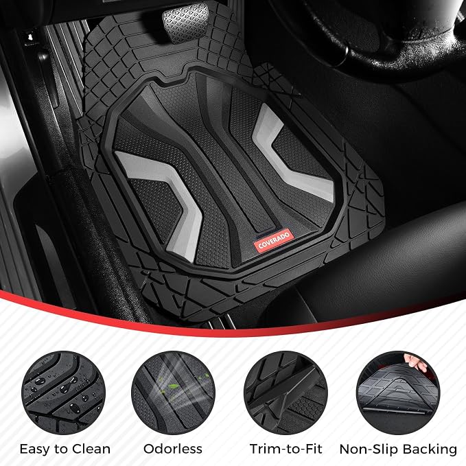 Coverado Car Floor Mats for Trucks, Waterproof All Weather Automotive Floor Mats for Front & Rear, Deep Dish Car Mat with Anti-Slip Backing, Trim to Fit Floor Liners for Cars (3 Pcs, Black&Gray)