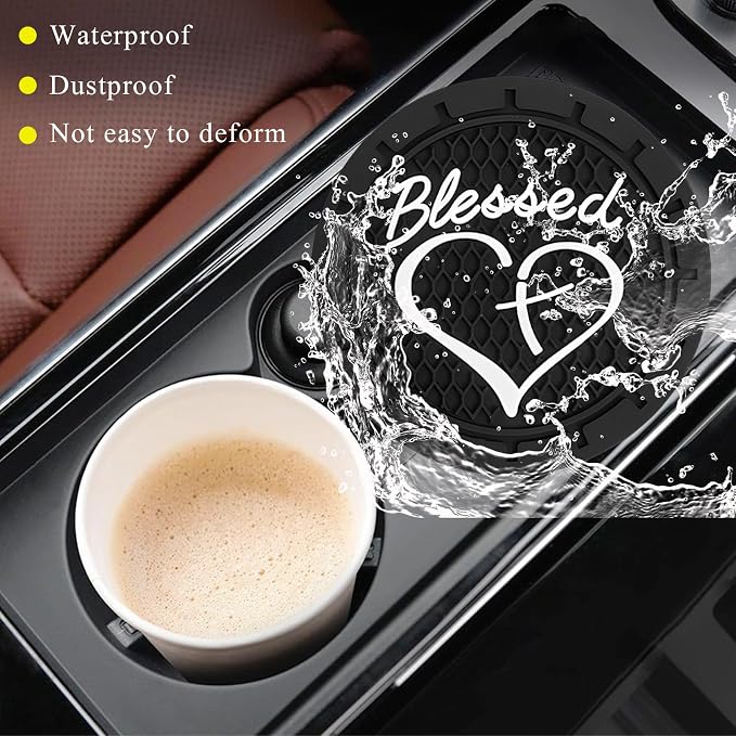 KVAEY 2 PCS Car Cup Holder Coasters, 2.76 Inch Anti Slip Vehicle Drink Mats with Cute Blessed Cross and Heart, Shockproof, Universal Car Accessories (Black, 4 PCS)