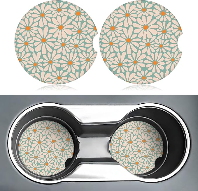 Green Floral Car Coasters for Cup Holders,2 Pack Car Cup Holder Coasters for Car,Ceramic Absorbent Car Coaster with A Finger Notch and Cork Base,Car Interior Accessories for Women Men