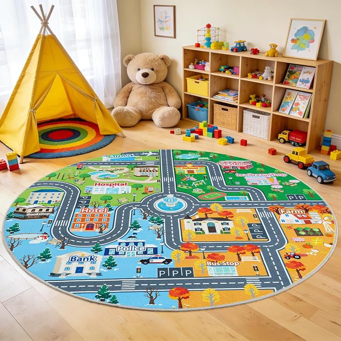 Kids Car Rug Play Mat for Toy Cars, Round 47" City Road Town Track Four Seasons Traffic Carpet, Non-Slip Washable Area Rug for Kids Room Bedroom Classroom Play Area, Fun Learning Carpet for Children