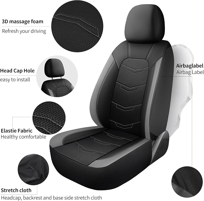 HChengkikz Front Car Seat Cover, Breathable and Sporty (Black + Gray) | Leather, Universal Fit for Most SUVs, Cars, Sedans, Trucks, Airbag Compatible, Easy to Install