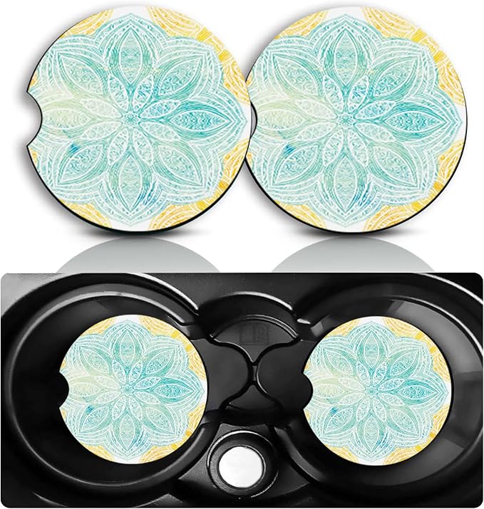 Mandala Car Cup Holder Coasters Set of 2 – Fun Green Mandala Car Accessories 2.75" Universal Size Anti Slip Rubber Mat Recessed Auto Insert Coasters Decor Datura Gifts for Women Men Dad Grandpa