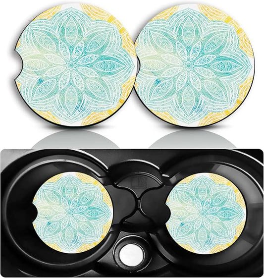 Mandala Car Cup Holder Coasters Set of 2 – Fun Green Mandala Car Accessories 2.75" Universal Size Anti Slip Rubber Mat Recessed Auto Insert Coasters Decor Datura Gifts for Women Men Dad Grandpa