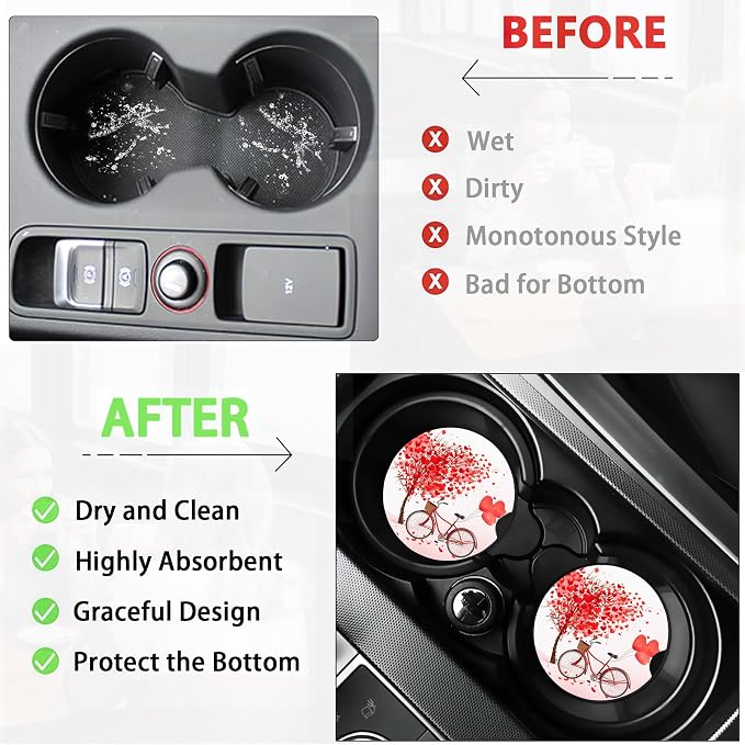 Love Tree Bicycle Cup Holder Coasters for Car,Cute Cup Holder Coasters,2 Pack Anti Slip Ceramic Car Cup Holder Accessories with Finger Notch for Women Men 2.56"
