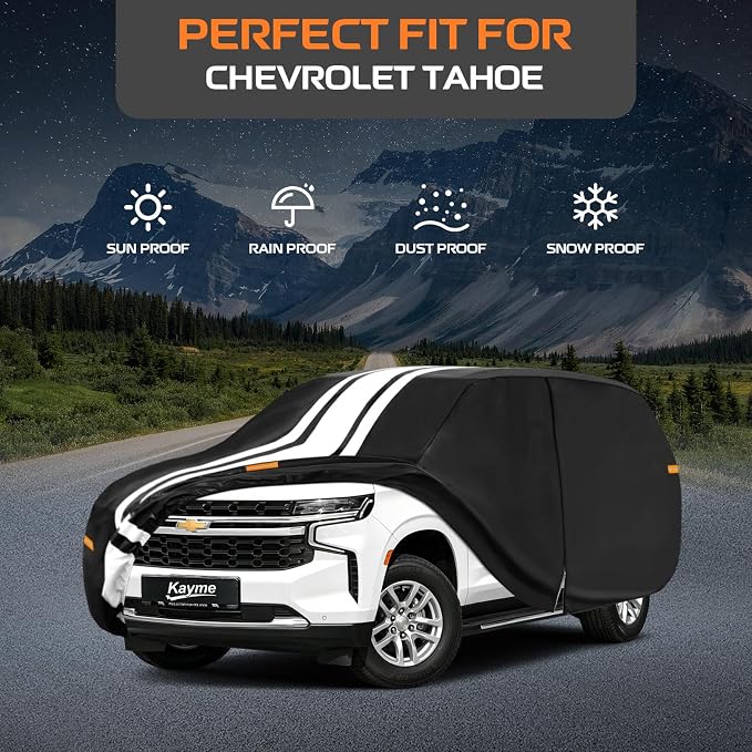 Kayme Heavy Duty Car Cover Custom Fit for Chevrolet Tahoe (2000-2026), Outdoor Full Exterior Cover with Tape and Towel, Rain Snow Sun UV Protection.