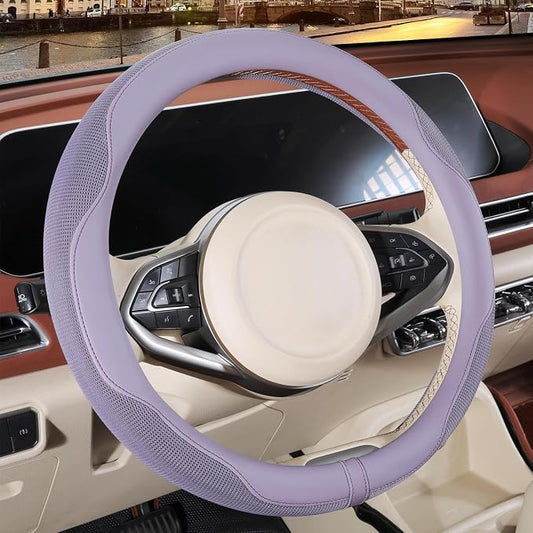 Nappa Leather Ice Silk Fabric Purple Steering Wheel Cover | Non-Slip Breathable Soft Car Accessories, Warm in Winter and Cool in Summer, Small 13.5 inch to 14 inch for Prius Civic