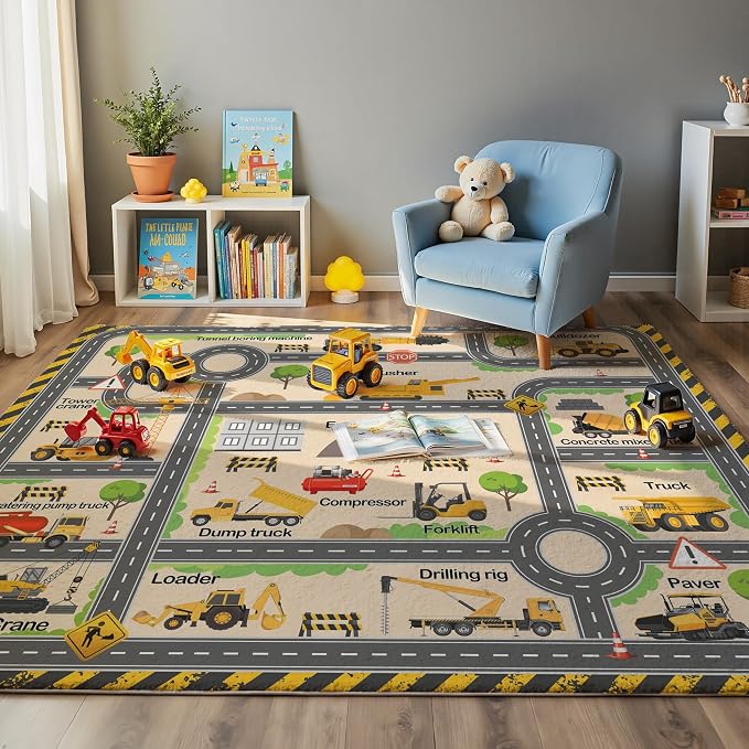 Kids Construction Playroom Rug, Faux Wool Excavator Map, Non-Slip, 4 x 6 ft | Excavator and truck design; Construction-site play; Soft faux wool surface; Non-slip backing; Easy-care finish