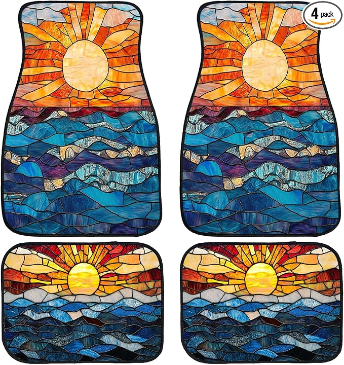 Stained Glass Car Floor Mats Set of 4 Abstract Sunset Ocean Mosaic Art Automotive Car Floor Carpets Non-Slip Auto Car Accessories Universal Fit for Car SUV Truck Van