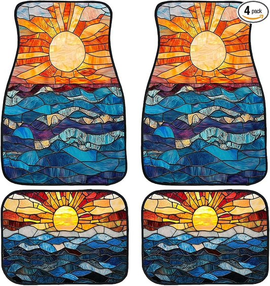 Stained Glass Car Floor Mats Set of 4 Abstract Sunset Ocean Mosaic Art Automotive Car Floor Carpets Non-Slip Auto Car Accessories Universal Fit for Car SUV Truck Van