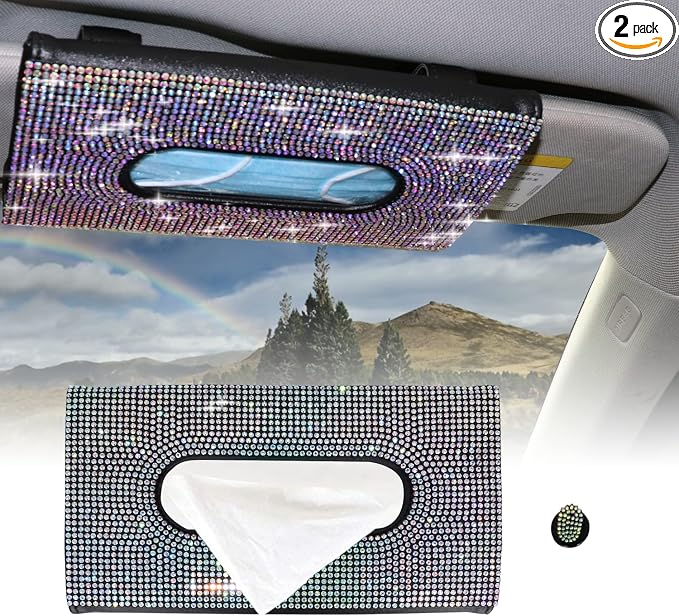 Car Sun Visor Mask Box Holder Leather Sparkling Bling Bling Multicolor Crystals Mask Cover Case & Glitter Mask Hook Clip for Women（AB Color）