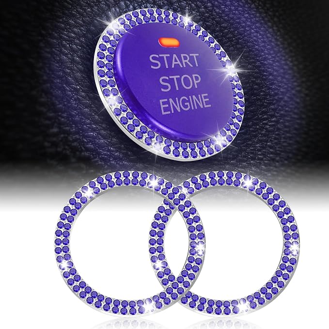 LivTee Car Engine Start Stop Decoration Ring, Crystal Double Rhinestone, Bling Car Interior Accessories for Women, Key Ignition & Knob Bling Ring, Push to Start Button Cover/Sticker, Dark Blue