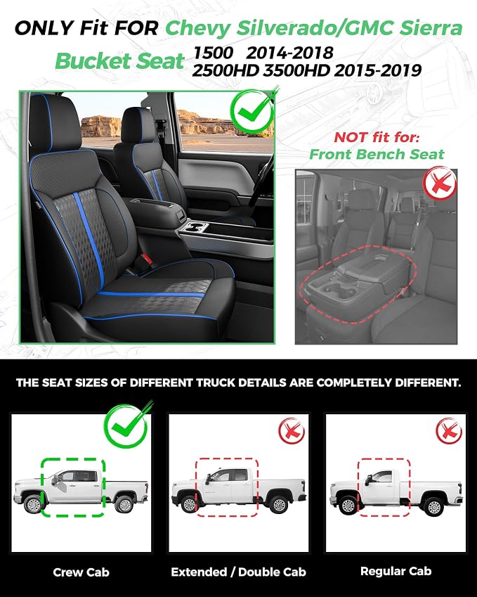Custom Leather Seat Covers for 2014-2018 Sierra/Silverado 1500 | Only Crew Cab, Fits 2500/3500HD 2015-2020, no Rear Armrest/Seatback Storage, Waterproof, Scratch-resistant, Easy-clean