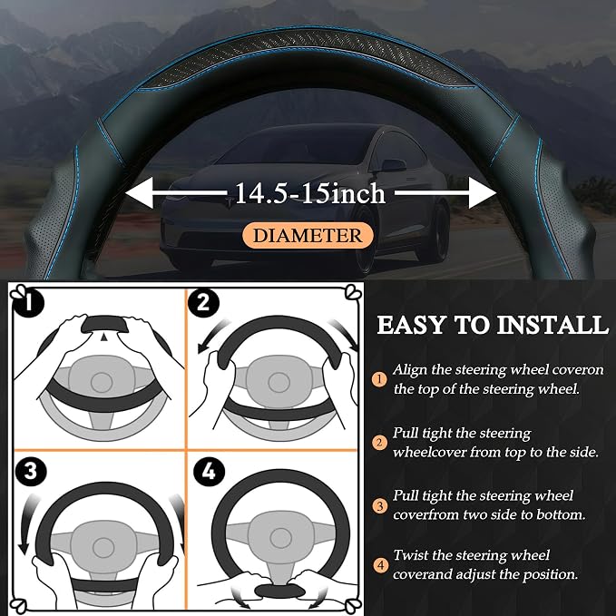 Leather Car Steering Wheel Cover, 14.5-15Inch Anti-Slip Steering Wheel Cover, Universal for Cars Truck SUV, Car Accessories (Black - Blue line)