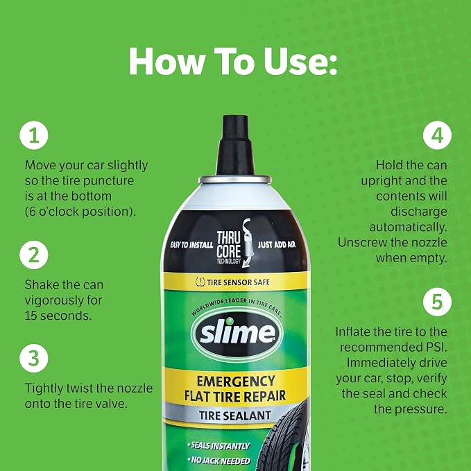 Slime 60186 Flat Tire Puncture Repair Sealant, Emergency Repair for Highway Vehicles, Suitable for Cars/Trailers, Non-Toxic, eco-Friendly, 14oz