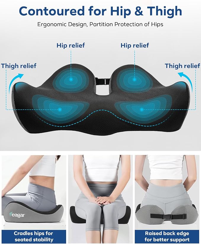 Feagar Seat Cushion for Office Chair - Memory Foam Tailbone Cushion for Desk Chair, Car Seat and Wheelchair - Ergonomic Chair Pad for Hip and Lower Back Comfort Gray | Seat Cushion for Tailbone Pain Relief - for Desk Chair, Car& Wheelchair Car Seat Pad...